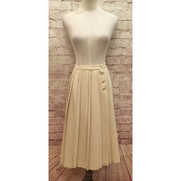 Vintage Liz Claiborne Cream Wool Blend Pleated A-Line Midi Wrap Skirt  Size 12 - Picture 1 of 9